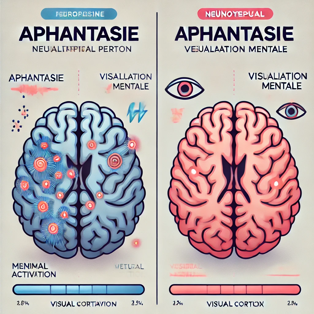 Schéma illustrant les différences dans la visualisation mentale entre une personne aphantasique et une personne neurotypique.