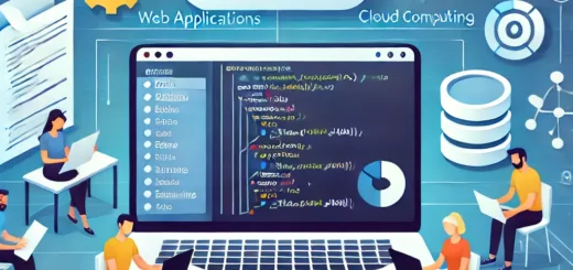 Illustration du concept de Web PaaS avec des développeurs travaillant sur des applications web hébergées dans le cloud.