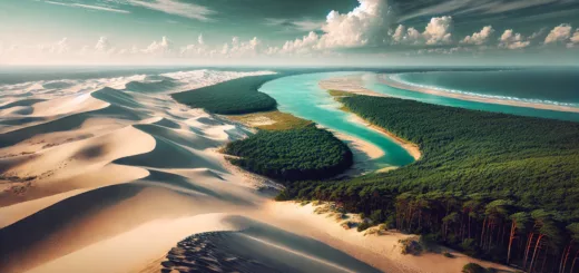 Vue panoramique de la dune du Pilat avec les dunes de sable, la forêt des Landes et le bassin d'Arcachon.