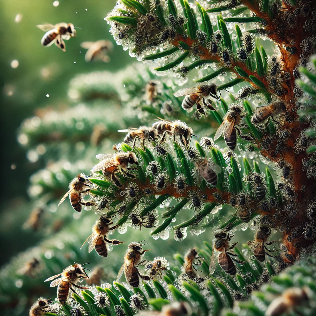 Abeilles récoltant du miellat sur un sapin.