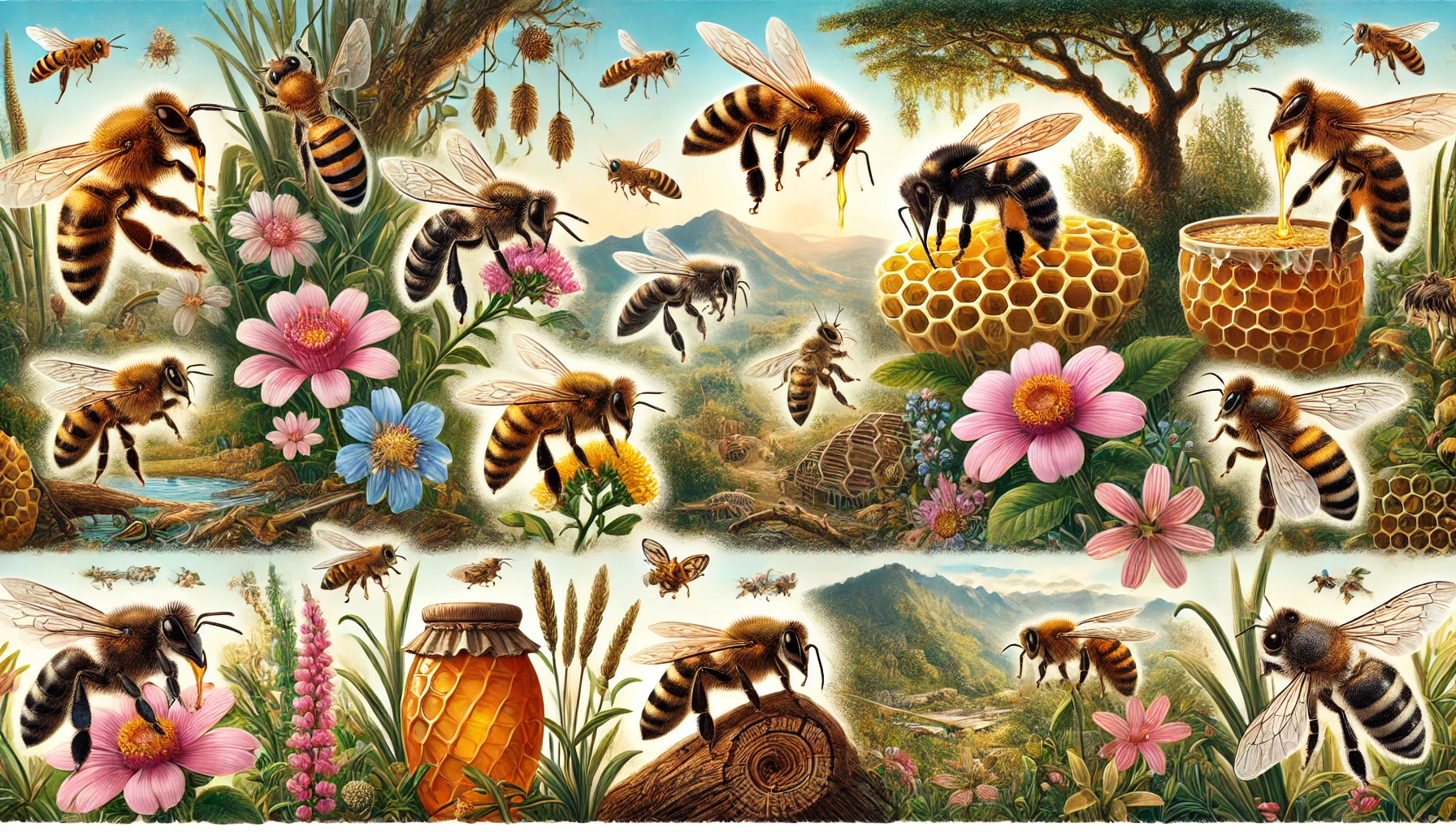 Différentes espèces d'abeilles productrices de miel dans leurs habitats naturels.