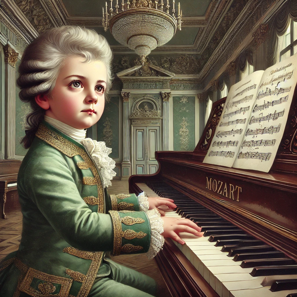 Portrait de Wolfgang Amadeus Mozart enfant prodige jouant du piano, vêtu d'une tenue du XVIIIe siècle, dans une pièce élégante avec une décoration classique.