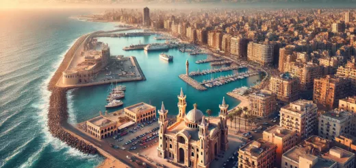 Vue aérienne d'Alexandrie, Égypte, avec son port historique et ses monuments emblématiques.