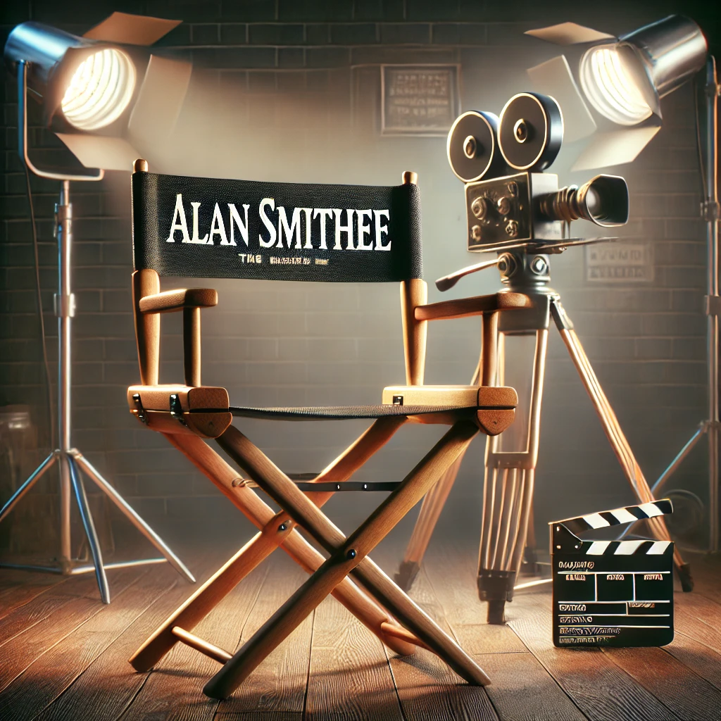 Chaise de réalisateur vintage avec le nom "Alan Smithee" imprimé sur le dossier, sur un plateau de tournage classique.