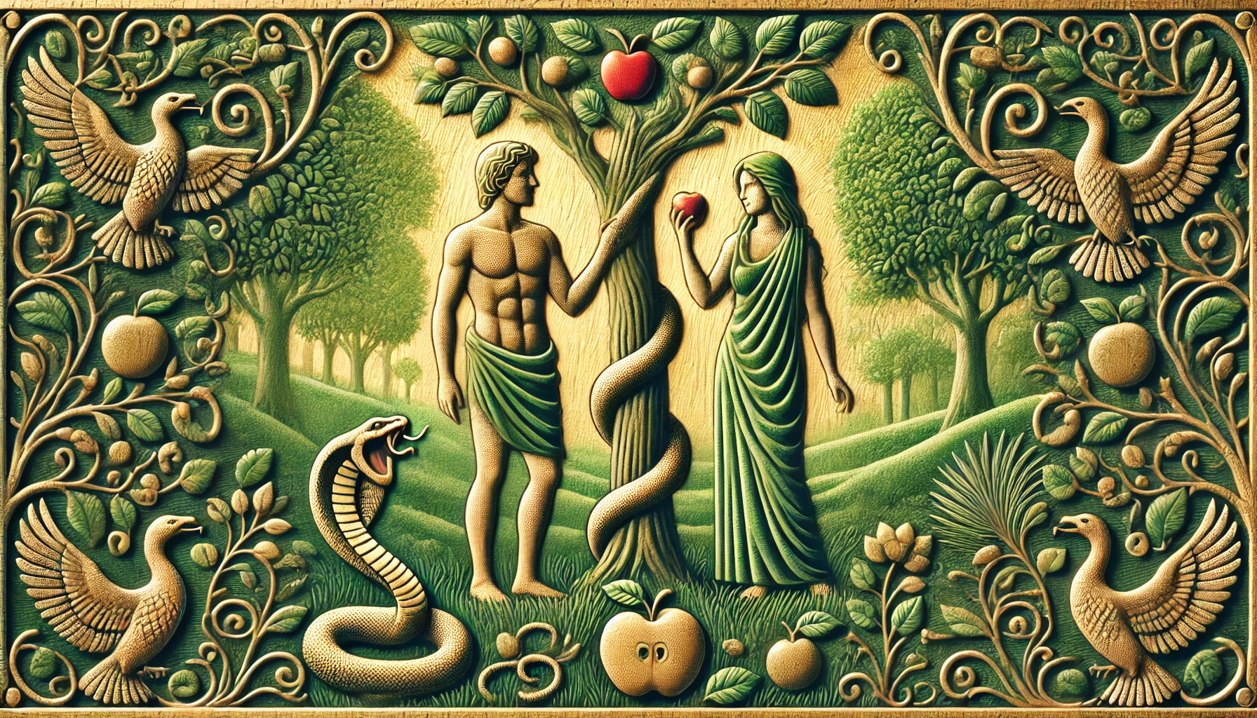 Adam et Ève dans le jardin d'Éden près de l'arbre de la connaissance avec un serpent et une pomme.