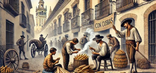 Illustration historique montrant des mendiants à Séville, Espagne, au XVIe siècle, inventant les premières cigarettes en collectant des restes de cigares et en les enroulant dans des feuilles de maïs ou du papier.