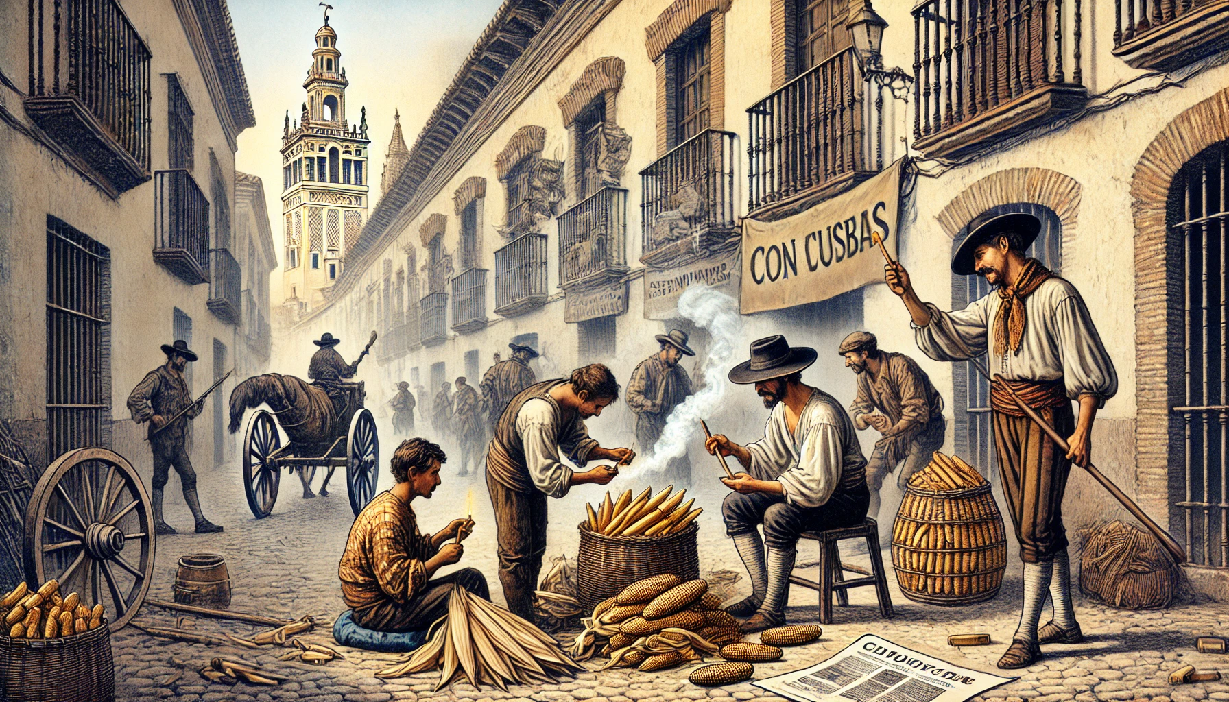 Illustration historique montrant des mendiants à Séville, Espagne, au XVIe siècle, inventant les premières cigarettes en collectant des restes de cigares et en les enroulant dans des feuilles de maïs ou du papier.