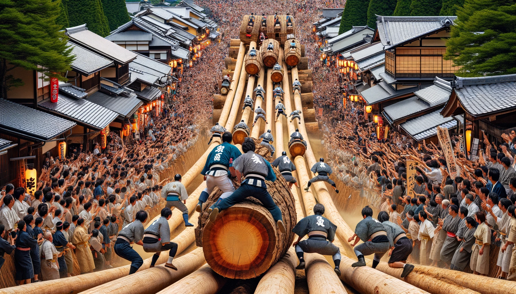 Participants du festival Suwa Onbashira descendent des troncs d'arbres massifs à Nagano, Japon.