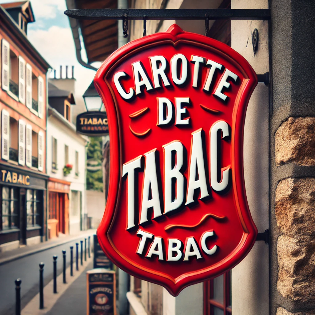 Enseigne de bureau de tabac française traditionnelle avec la carotte de tabac rouge allongée.