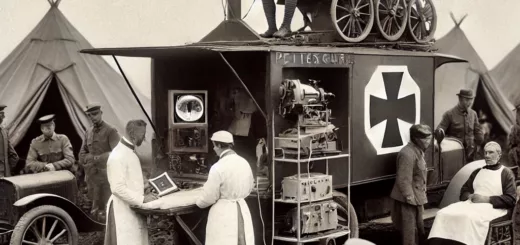 Une image en noir et blanc vintage illustrant une unité mobile de radiologie appelée "Petites Curie" pendant la Première Guerre mondiale. La scène montre un véhicule équipé de matériel de radiographie, des personnels médicaux et des soldats en cours d'examen. Marie Curie est présente, supervisant l'opération. En arrière-plan, des tentes médicales de fortune sont visibles sur le champ de bataille.