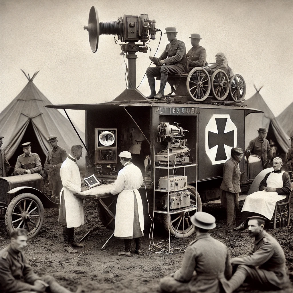 Une image en noir et blanc vintage illustrant une unité mobile de radiologie appelée "Petites Curie" pendant la Première Guerre mondiale. La scène montre un véhicule équipé de matériel de radiographie, des personnels médicaux et des soldats en cours d'examen. Marie Curie est présente, supervisant l'opération. En arrière-plan, des tentes médicales de fortune sont visibles sur le champ de bataille.