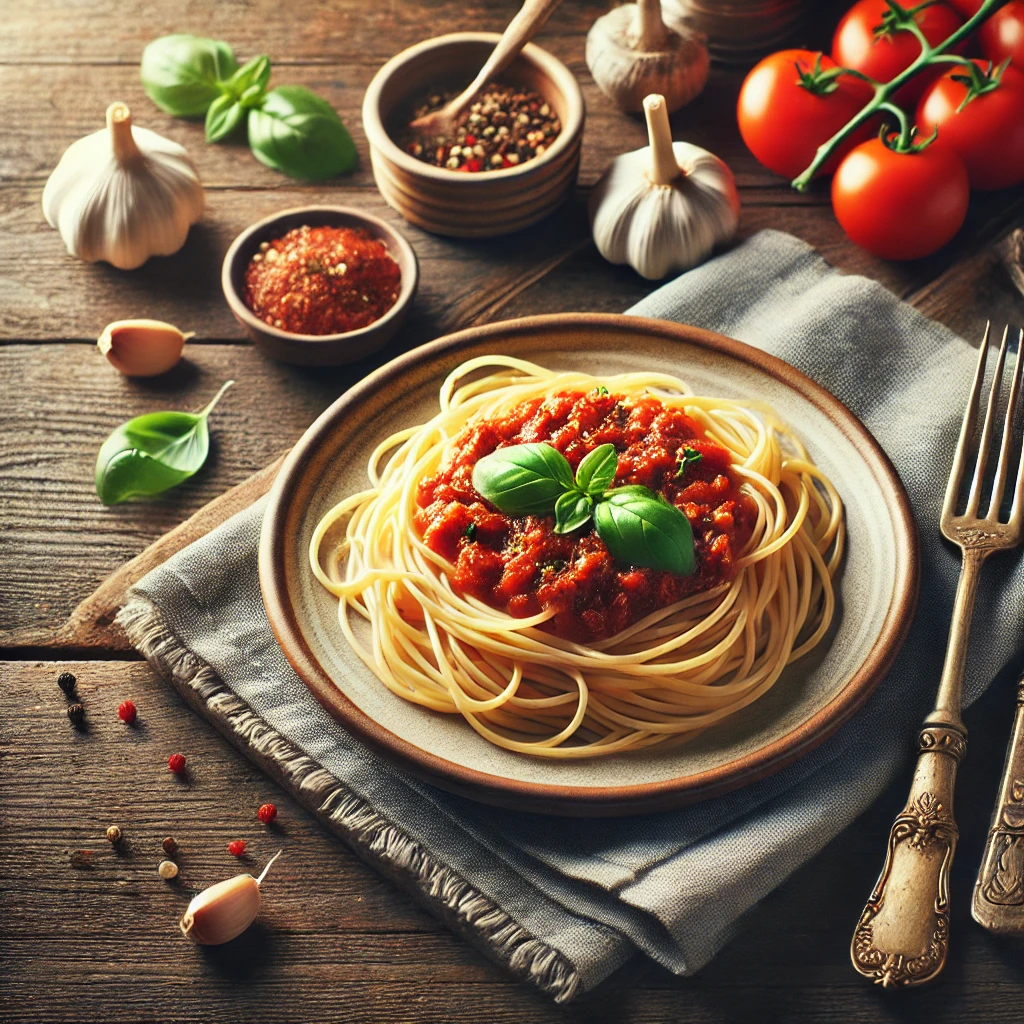 Une assiette de spaghettis bolognaise avec une fourchette et une cuillère à côté, entourée d'ingrédients frais comme des tomates et du basilic.