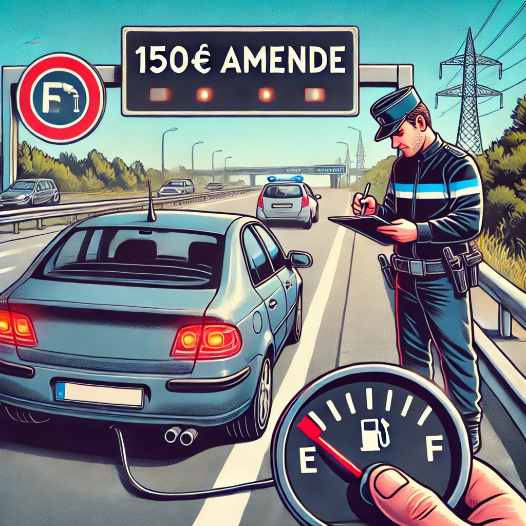 Voiture en panne d'essence sur l'autoroute en France avec une amende de 150€