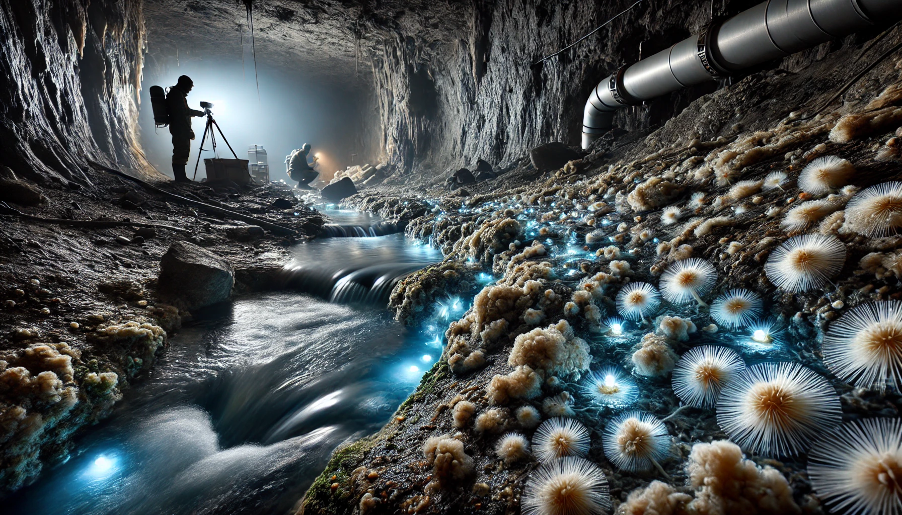 Vue d'un environnement souterrain à 200 mètres de profondeur avec des microbes produisant de l'oxygène.