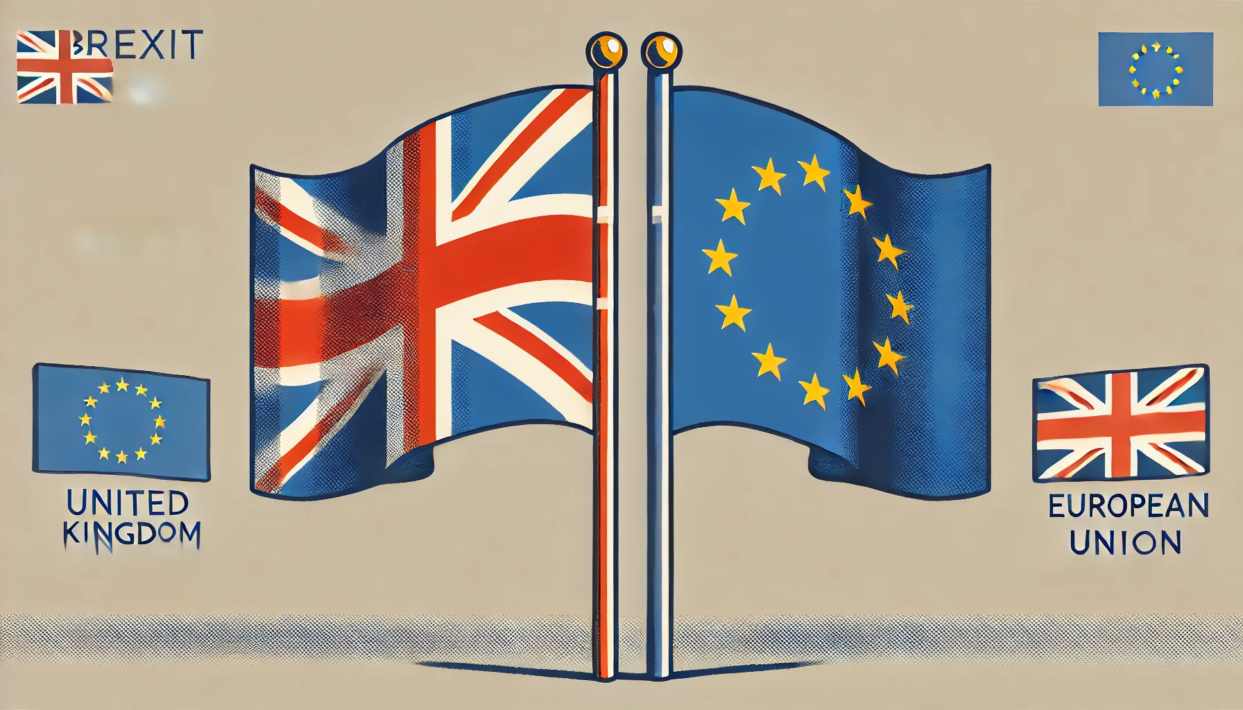 Illustration du Brexit avec des drapeaux du Royaume-Uni et de l'Union Européenne.