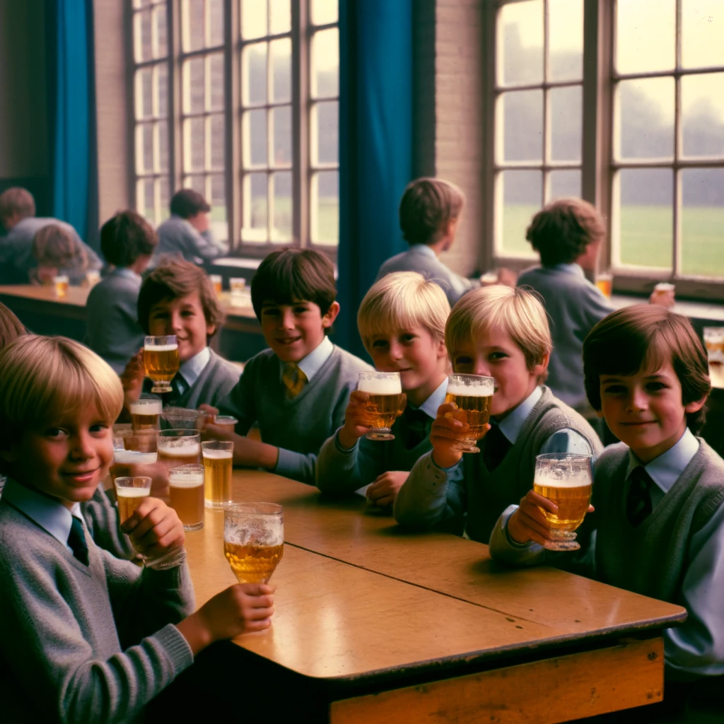 Enfants buvant de la bière de table dans une cantine scolaire en Belgique dans les années 80.