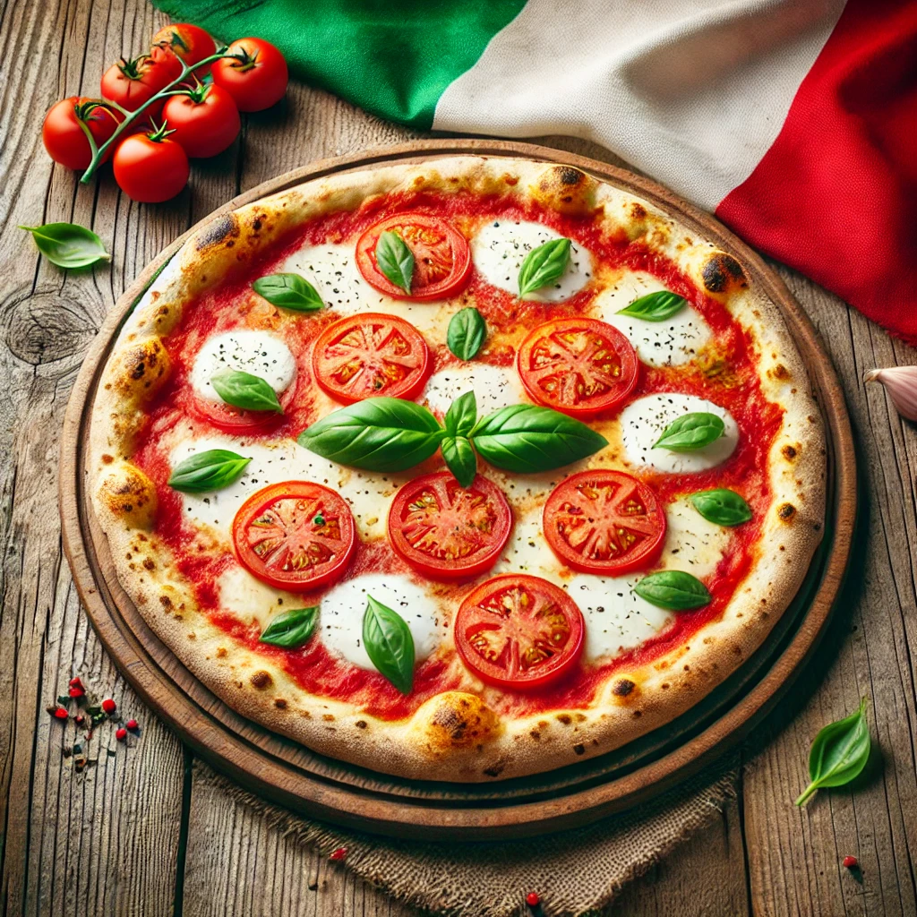 Pizza Margherita avec tomates, mozzarella et basilic.