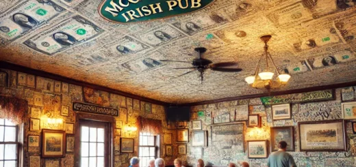 Intérieur de McGuire’s Irish Pub avec des murs et plafonds couverts de billets de un dollar signés.