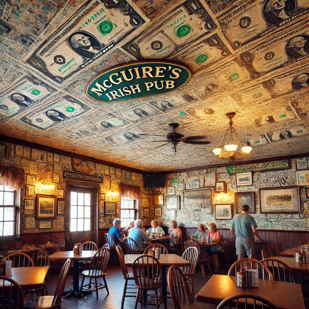 Intérieur de McGuire’s Irish Pub avec des murs et plafonds couverts de billets de un dollar signés.