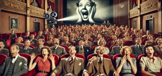 Audience d'un cinéma vintage des années 1950 réagissant au cri de Wilhelm