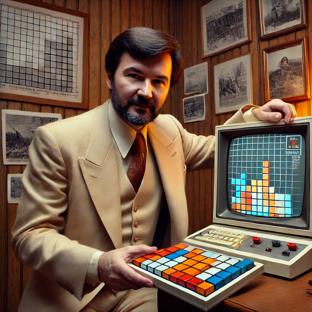 Alexei Pajitnov, créateur de Tetris, tenant une console de jeu rétro dans un décor soviétique