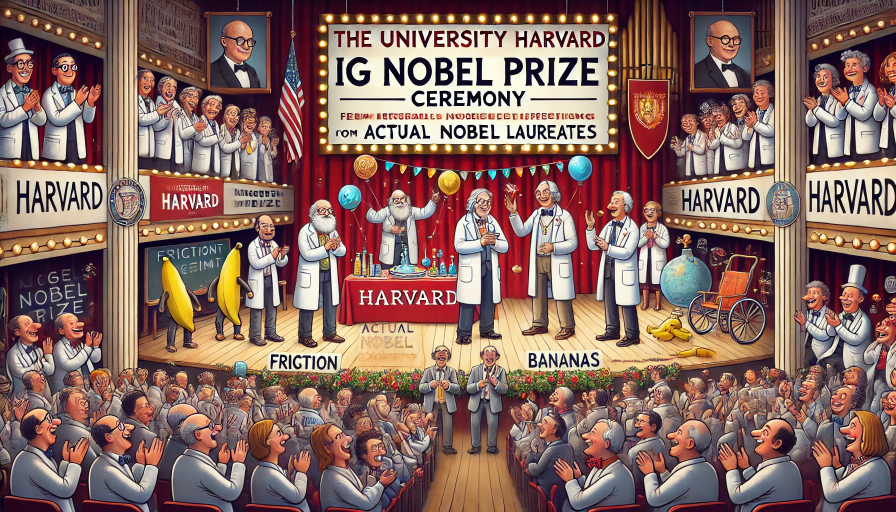 Scène de la cérémonie des Ig Nobel à l'Université Harvard, avec des scientifiques en blouses blanches recevant des prix de la part de lauréats du Nobel, sous une atmosphère festive et humoristique.