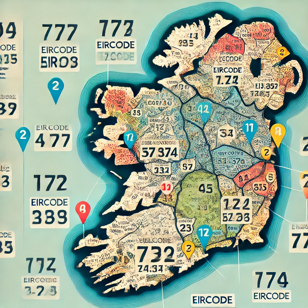 Carte de l'Irlande avec des points marqués par des codes Eircode.