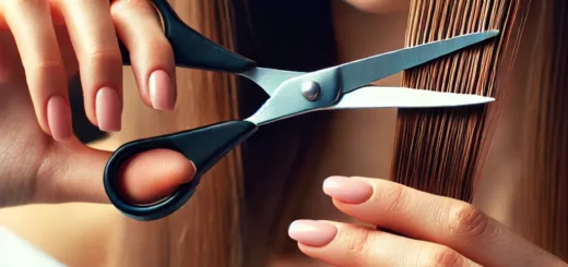 Femme coupant ses cheveux avec des ciseaux.