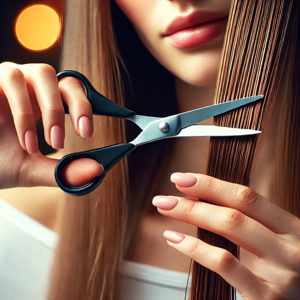 Femme coupant ses cheveux avec des ciseaux.