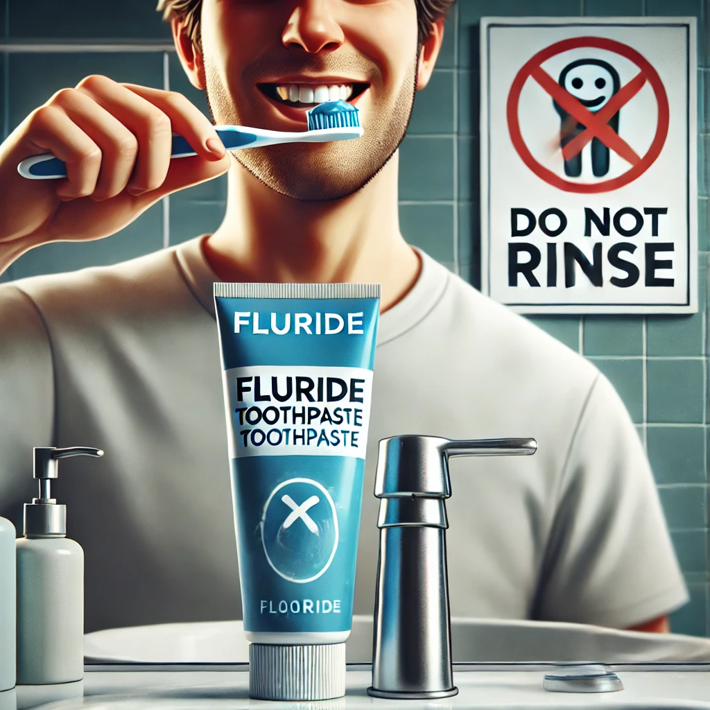 Personne se brossant les dents avec du dentifrice fluoré et un panneau "Ne pas rincer"