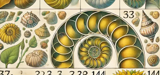 Illustration de la suite de Fibonacci montrant la progression des nombres de la séquence avec des exemples visuels de spirales naturelles telles que des coquillages et des tournesols.