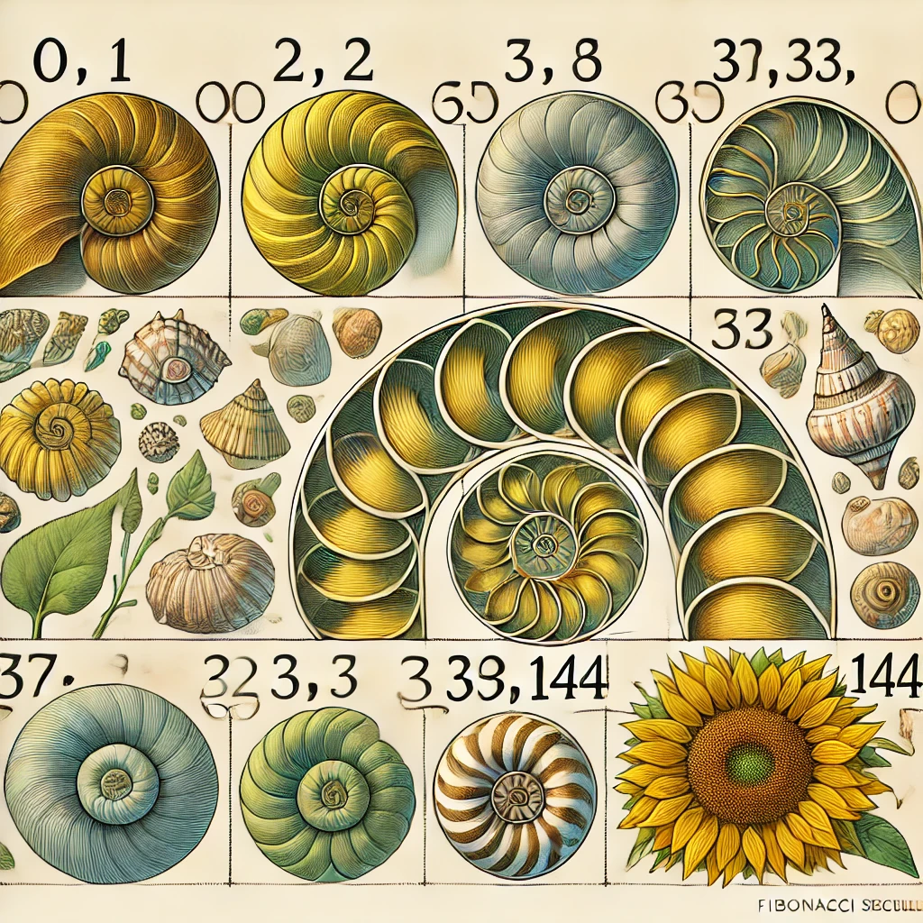 Illustration de la suite de Fibonacci montrant la progression des nombres de la séquence avec des exemples visuels de spirales naturelles telles que des coquillages et des tournesols.