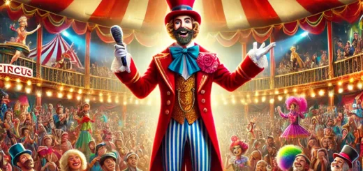 Monsieur Loyal, maître de cérémonie de cirque, debout au centre de la scène sous un chapiteau coloré avec le public applaudit.