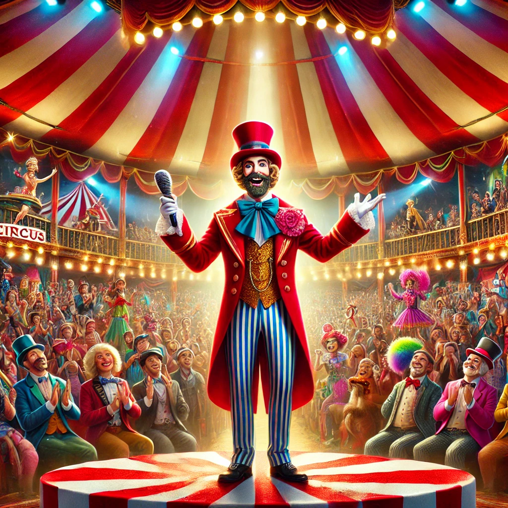 Monsieur Loyal, maître de cérémonie de cirque, debout au centre de la scène sous un chapiteau coloré avec le public applaudit.