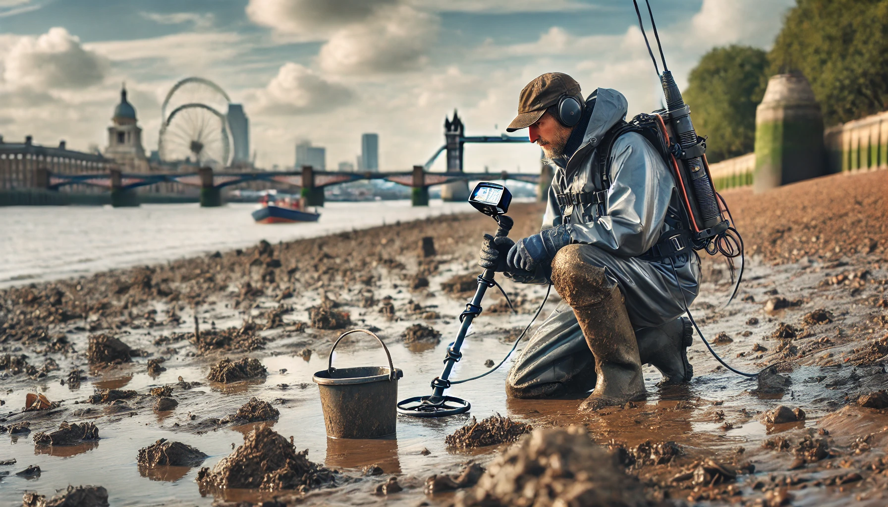 Explorateur de mudlarking découvrant des artefacts sur la berge d'une rivière à marée basse.