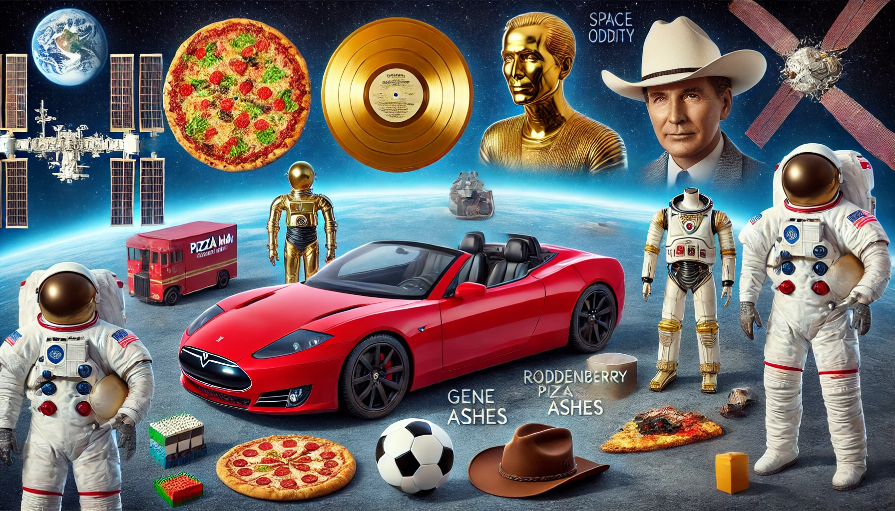 Objets étranges en orbite autour de la Terre, incluant une Tesla Roadster, un disque d'or, une pizza, des cendres, un ballon de foot, des figurines Lego, un chapeau de cow-boy, et un disque vinyle.