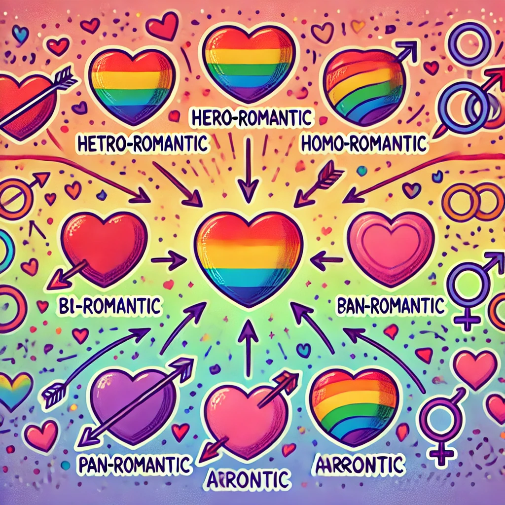 Illustration montrant des cœurs et des flèches indiquant différentes orientations romantiques.