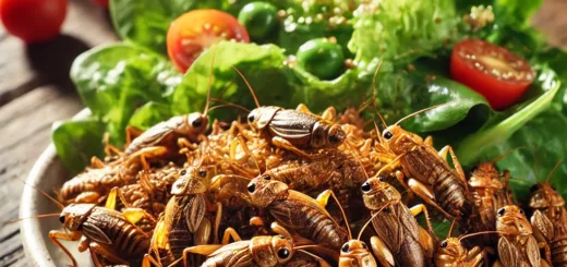 Une assiette de grillons grillés et croustillants avec une salade verte