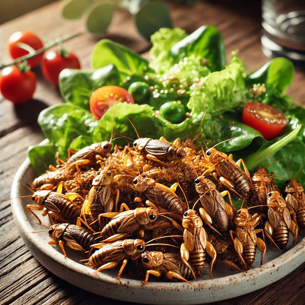 Une assiette de grillons grillés et croustillants avec une salade verte