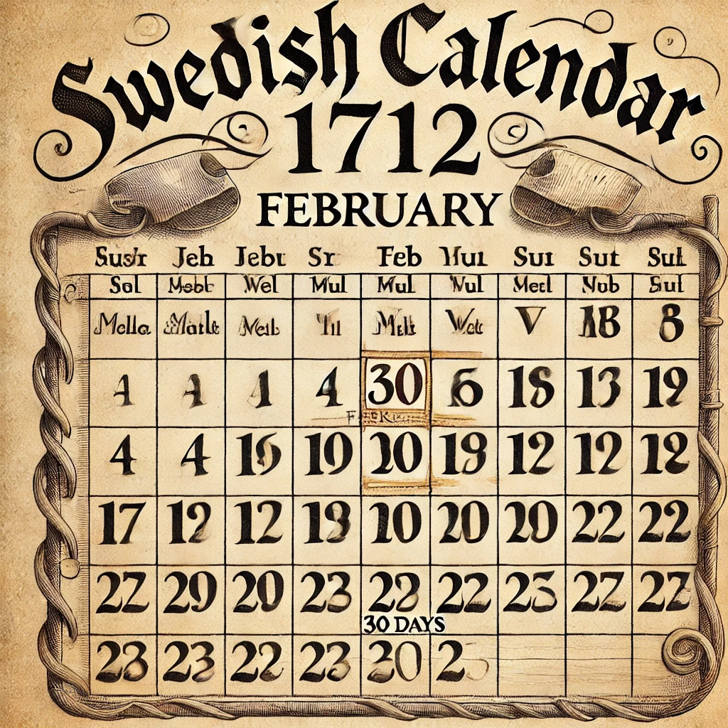 Calendrier suédois de 1712 avec 30 jours en février