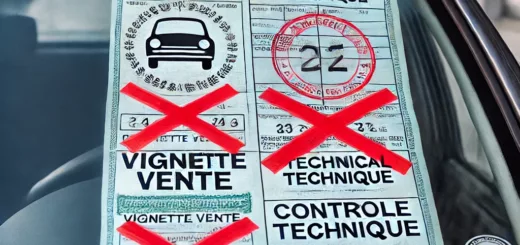 Pare-brise de voiture avec vignette verte d'assurance et certificat de contrôle technique barrés.