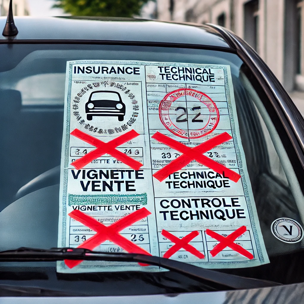 Pare-brise de voiture avec vignette verte d'assurance et certificat de contrôle technique barrés.