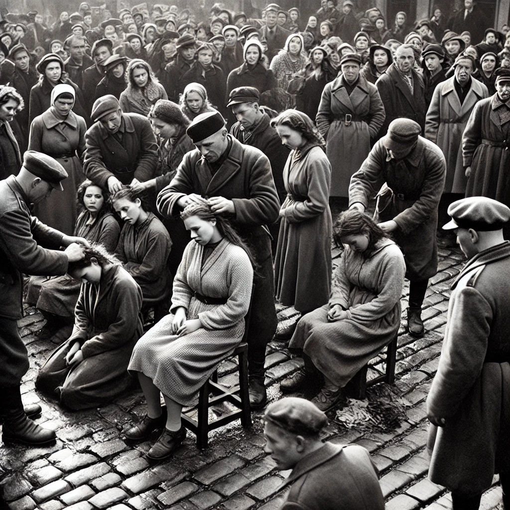 Femme tondu pendant la Seconde Guerre mondiale entourée d'une foule hostile.