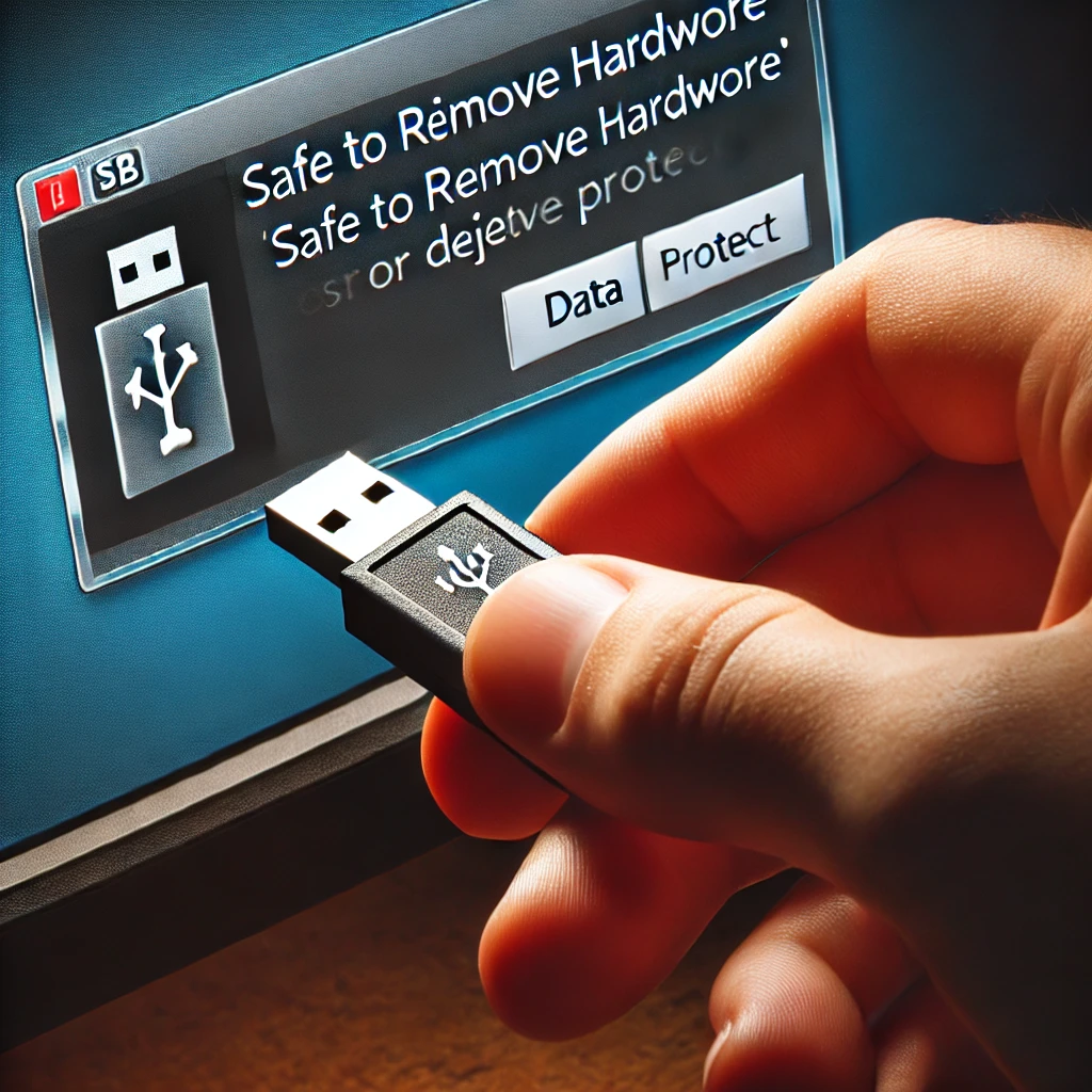 Main déconnectant une clé USB avec une notification d'éjection sécurisée visible.