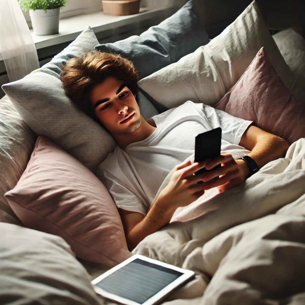 Un jeune adulte détendu allongé dans son lit avec téléphone et tablette