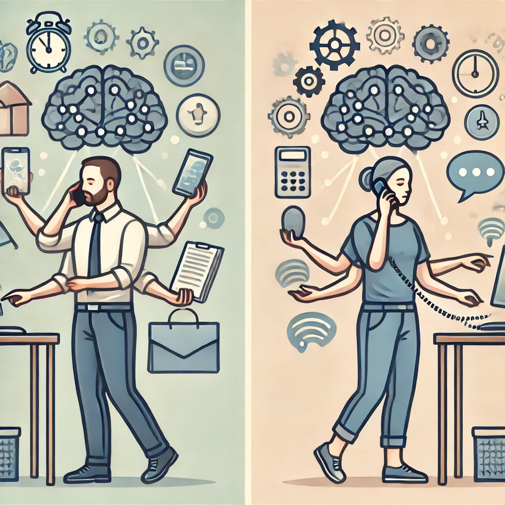 Illustration d'un homme et d'une femme effectuant plusieurs tâches simultanément, symbolisant le multitasking. Leurs cerveaux sont représentés avec des connexions internes, illustrant la gestion cognitive. Des symboles comme des horloges et des bulles de conversation entourent les personnages, soulignant les tâches multiples.