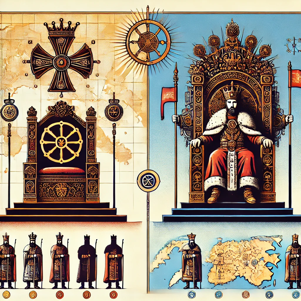 Une illustration montrant la différence entre un royaume royal et un empire impérial. À gauche, un trône royal avec une couronne et un sceptre, symbolisant un royaume, et à droite, un trône impérial avec une couronne d'empereur et des symboles représentant plusieurs royaumes et territoires sous un même règne.