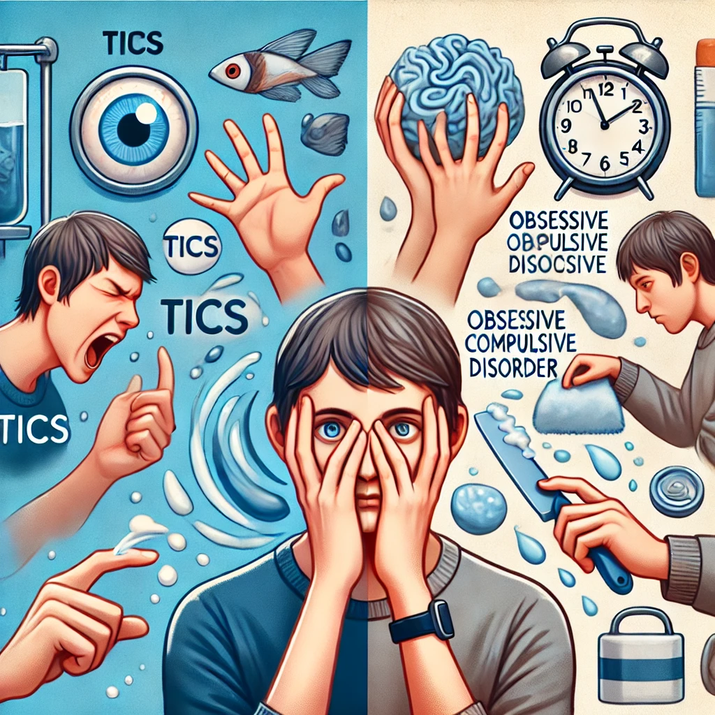 Illustration montrant la différence entre une personne ayant des tics et une personne avec des TOC, avec des mouvements involontaires d'un côté et des comportements répétitifs de l'autre.