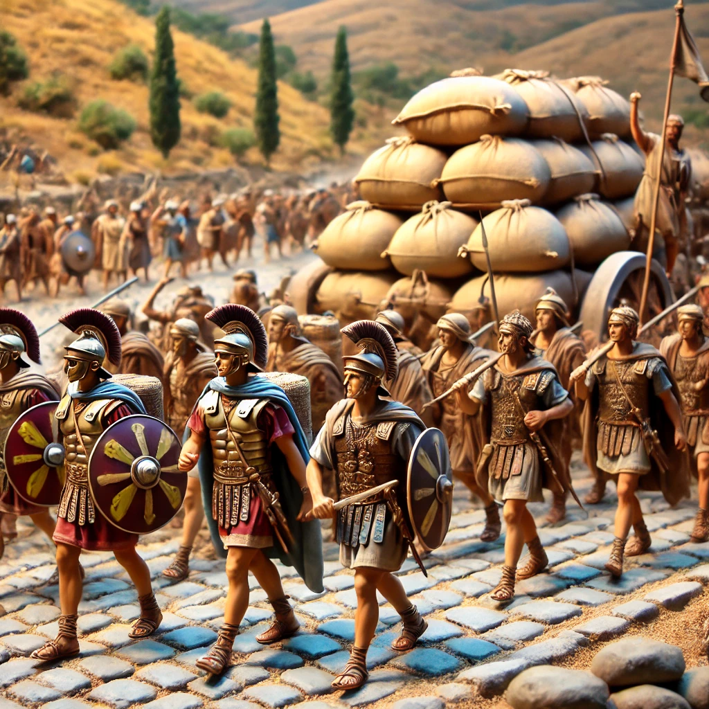 Des soldats romains marchant sur une route antique, la Via Salaria, transportant des sacs de sel. La scène montre l'importance du sel dans la Rome antique.