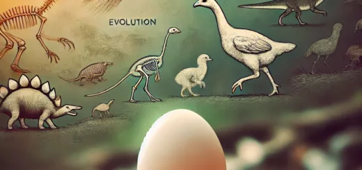 Un œuf de poule unique posé dans un environnement naturel, représentant l'évolution des espèces avec des éléments évoquant les oiseaux préhistoriques.